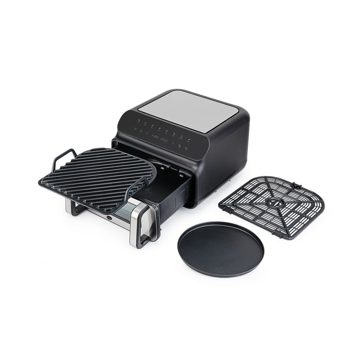 Nowoczesna frytkownica powietrzna DUALFRY GRILL 10L w kolorze czarnym i ze stali nierdzewnej, wyposażona w dwa elementy grzejne oraz cyfrowy panel sterowania umieszczony na górze. Przez szklane drzwiczki widać potrawę w trakcie przygotowywania. Wyświetlacz pokazuje temperaturę 200°C oraz pozostały czas 18 minut. To naprawdę wydajna frytkownica powietrzna.