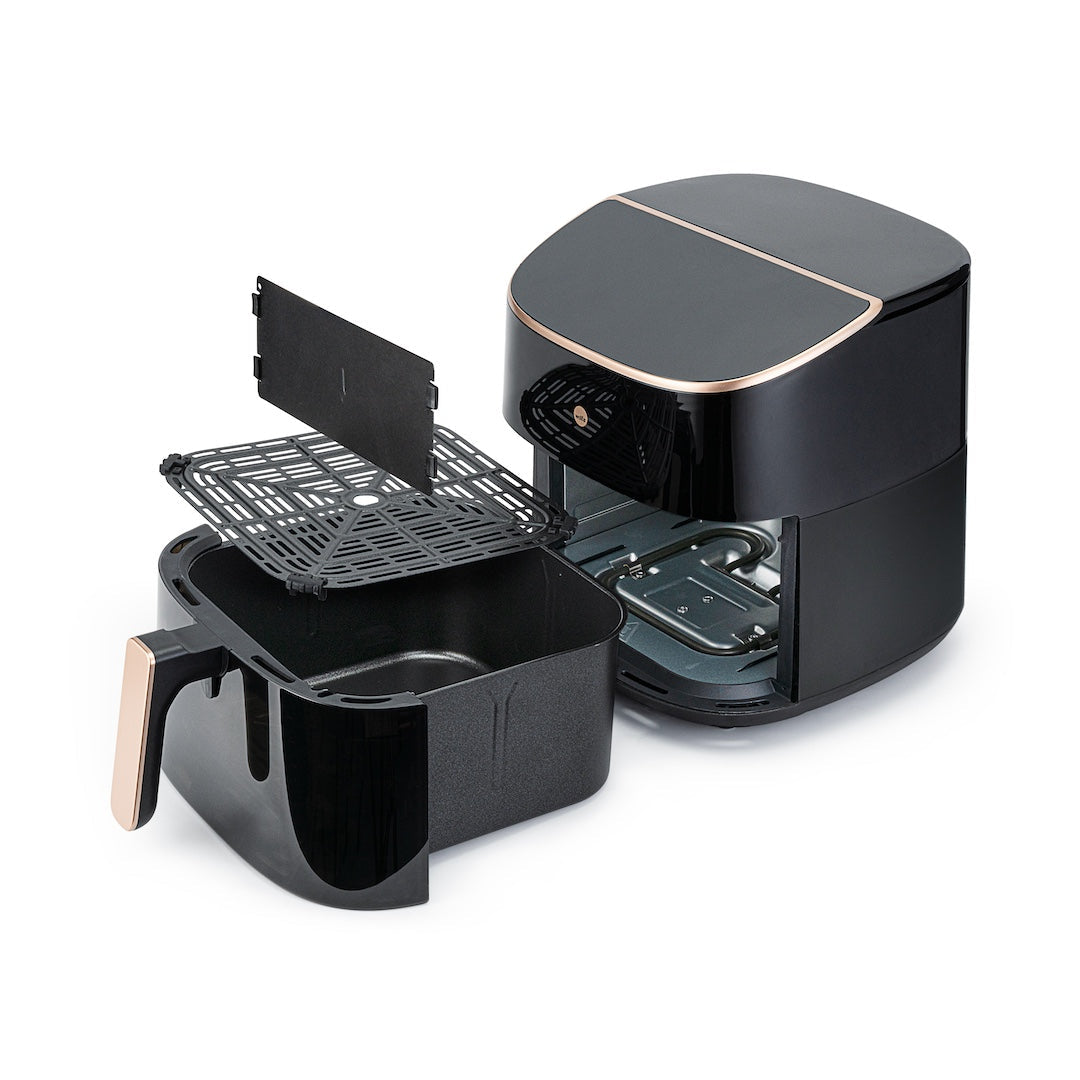 Freidora de aire caliente para salmón Dualfry de 8 l, vista frontal dividida