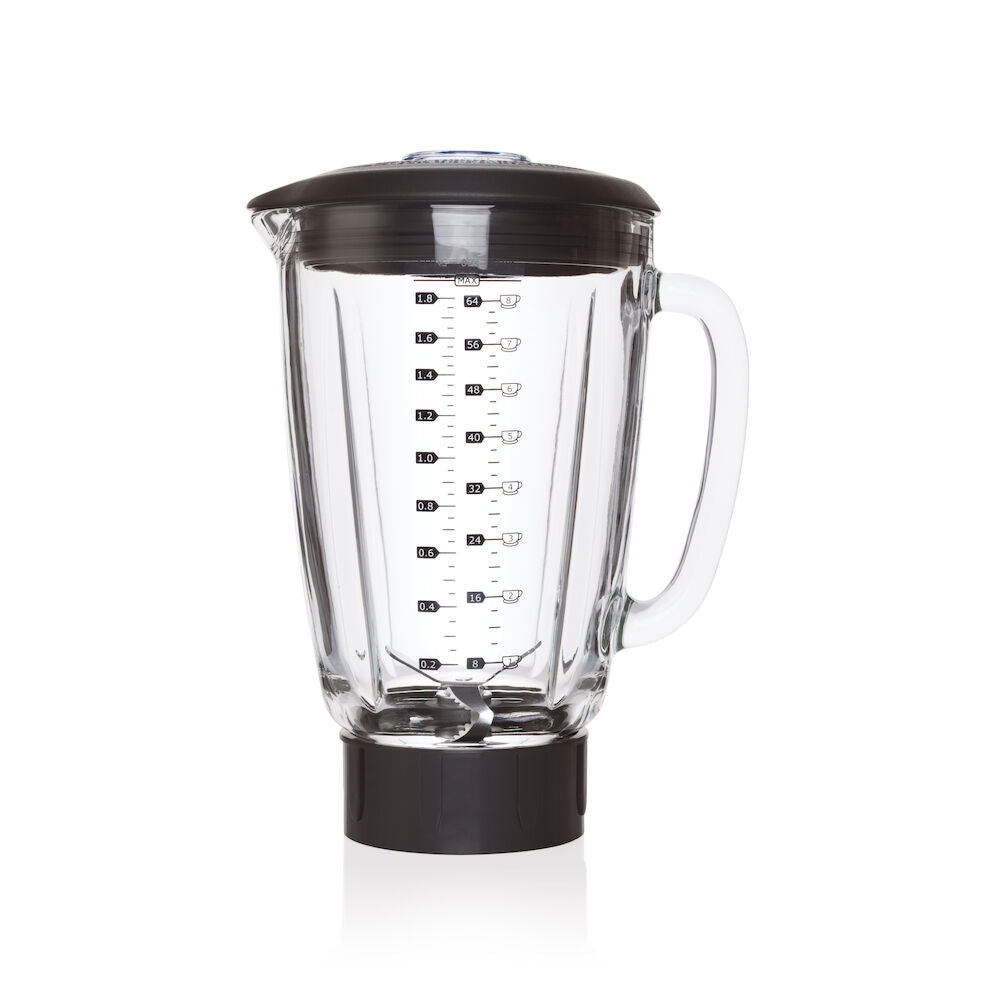 Una jarra de cristal KNUS vacía y transparente, con marcas de medición negras tanto en tazas como en mililitros, una base de plástico negra con la etiqueta «WBLB-1400S», una tapa negra y un asa transparente, aislada sobre un fondo blanco.