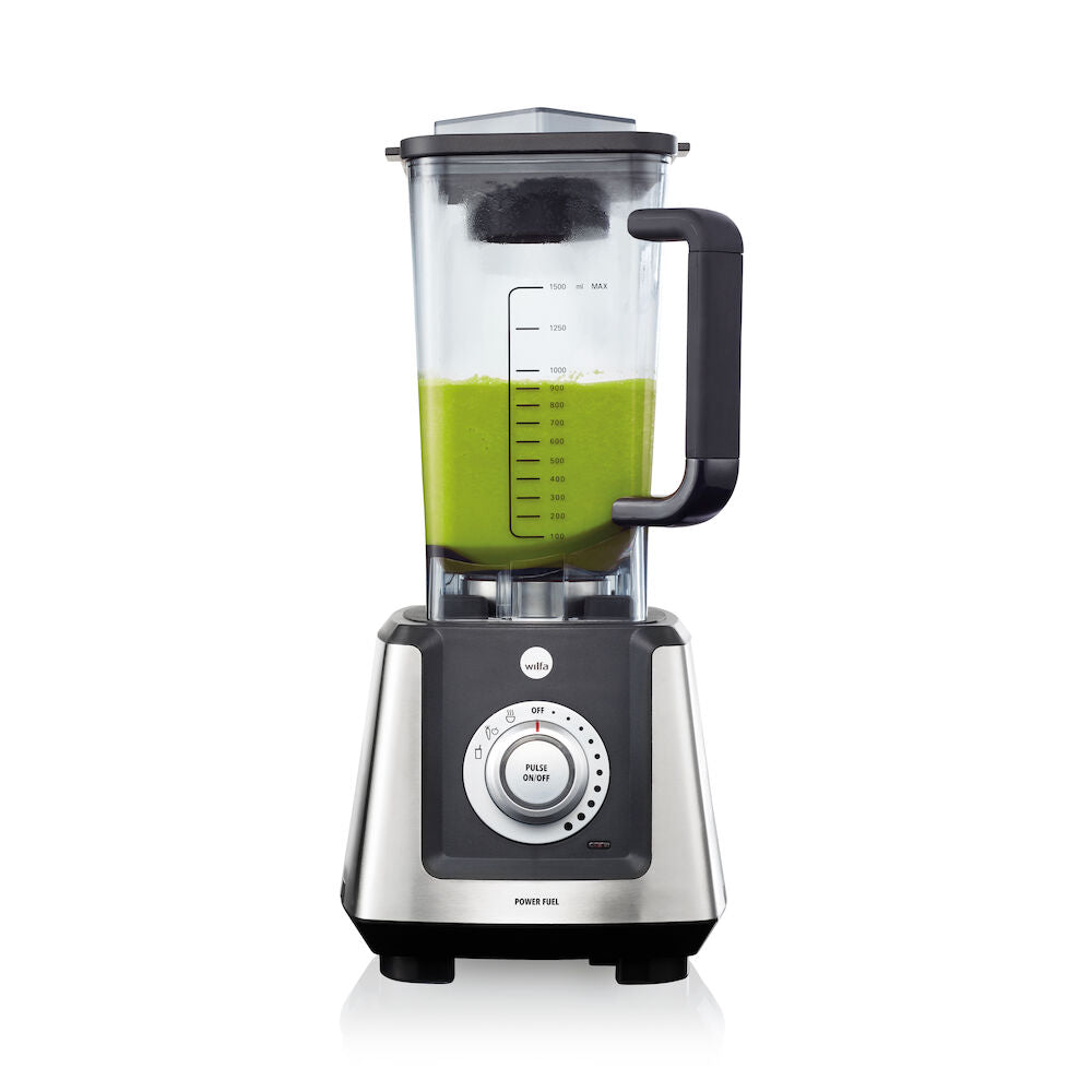A transparent POWER FUEL GLASS JUG with a black handle, marked with measurement units, is shown with a lid and a small grey knife attachment hovering above it. The glass flask is empty and the components are visibly separated.