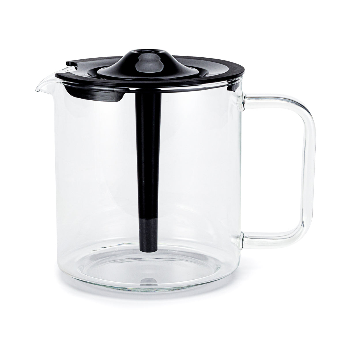 A clear glass pitcher with a black plastic lid and handle. The PERFORMANCE COMPACT COFFEE JUG W/LID, ideal for holding up to 10 cups, features a spout for pouring and a central black infuser tube extending from the lid into the body of the pitcher. The design is modern and minimalist.