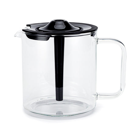 A clear glass pitcher with a black plastic lid and handle. The PERFORMANCE COMPACT COFFEE JUG W/LID, ideal for holding up to 10 cups, features a spout for pouring and a central black infuser tube extending from the lid into the body of the pitcher. The design is modern and minimalist.