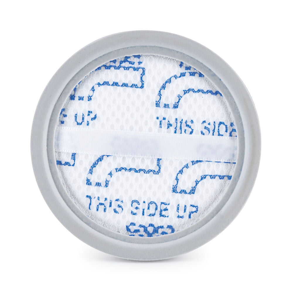 Primer plano de un filtro de un recipiente de polvo desechable, de forma redonda y con marco gris. En el centro se aprecia una malla blanca con motivos circulares azules y el texto «THIS SIDE UP» repetido varias veces. El diseño indica la orientación correcta para colocar o instalar el FILTRO INNOVAC DUSTBIN.