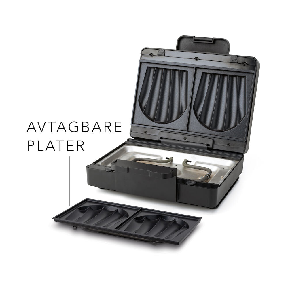 Una sandwichería EASY MELT con dos compartimentos triangulares para cocinar, con superficies estriadas y placas calefactoras grandes para asar. El aparato es de color negro, con un revestimiento antiadherente, un asa en la parte superior y un cable de alimentación en la parte trasera.