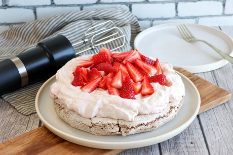 Rhubarb cake - delicious nut base topped with rhubarb cheesecake cream