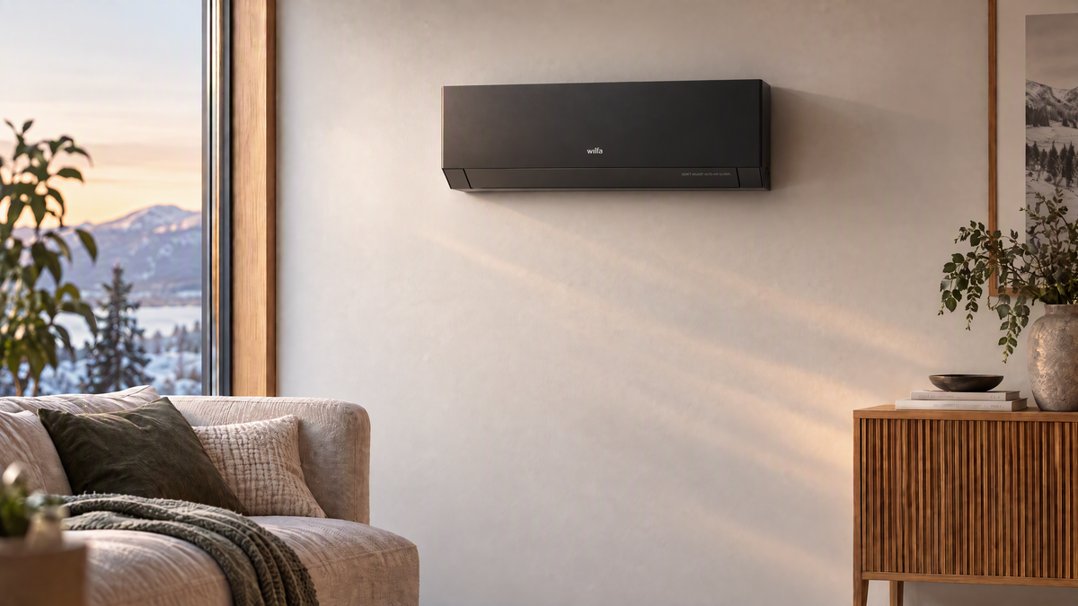 Wilfa Nordkapp varmepumpe i sort montert i en stue