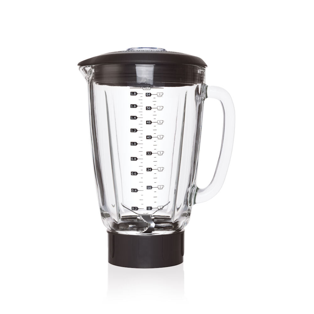An empty, clear KNUS GLASS JUG with black measurement markings in both cups and milliliters, a black plastic base labeled WBLB-1400S, a black lid, and a transparent handle, isolated on a white background.