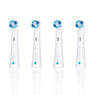 Quatre têtes de brosse à dents blanches aux poils bleus et verts sont alignées verticalement sur un fond blanc. Ces têtes de brosse à dents CLEAN 4PK présentent un petit point bleu près de la base, ainsi que des reflets visibles en dessous.