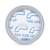 Close-up of a round, gray-framed, disposable dust container filter. The center features a white mesh with blue circular patterns and the text "THIS SIDE UP" repeated multiple times. The design indicates the proper orientation for placing or installing the INNOVAC DUSTBIN FILTER.