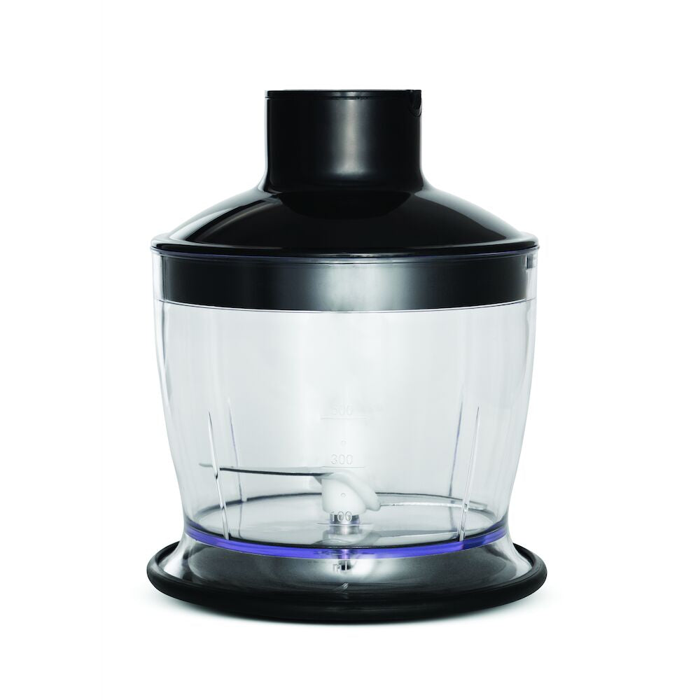 A clear plastic food chopper, ESSENTIAL BOWL, with a black lid and base, featuring a visible metal blade inside. The transparent container has measurement markings and a sturdy build suitable for chopping, dicing, and slicing various types of food.