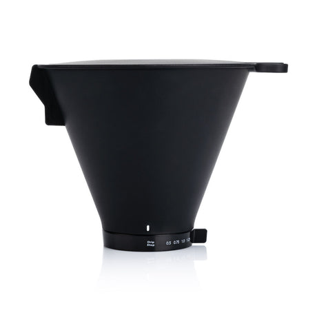 A sleek, modern black coffee dripper with a conical shape. The dripper has a wide top opening and narrows to the bottom where adjustable markings are visible, allowing for precise control of water flow. This minimalist and functional PERFORMANCE FILTER HOLDER W/LID is ideal for making pour-over coffee.